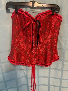 Red and Black Brocade Satin Corset Bustier with Ribbon Trim
